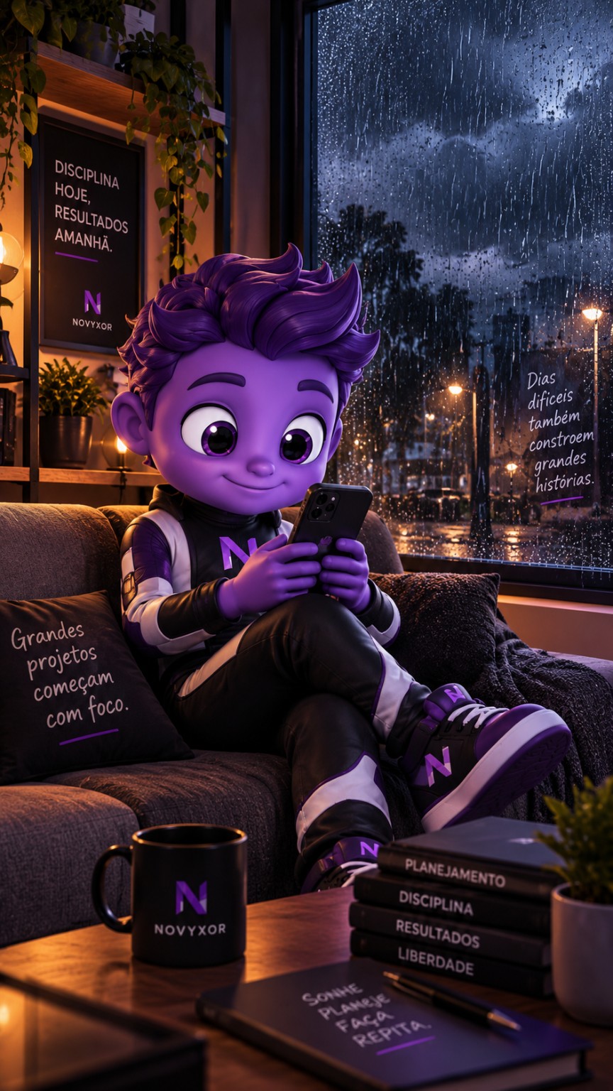 Vyx, mascote oficial da NOVYXOR, em um ambiente de planejamento e tecnologia
